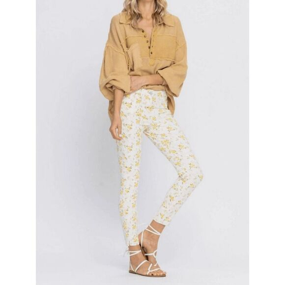 Judy Blue Denim - Judy Blue NWT Floral Skinny Jeans Mid Rise White Yellow JB8809 Size 15(32)